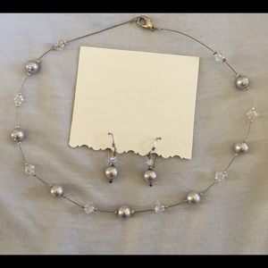Silver Bead and Crystal Necklace with Matching Earrings